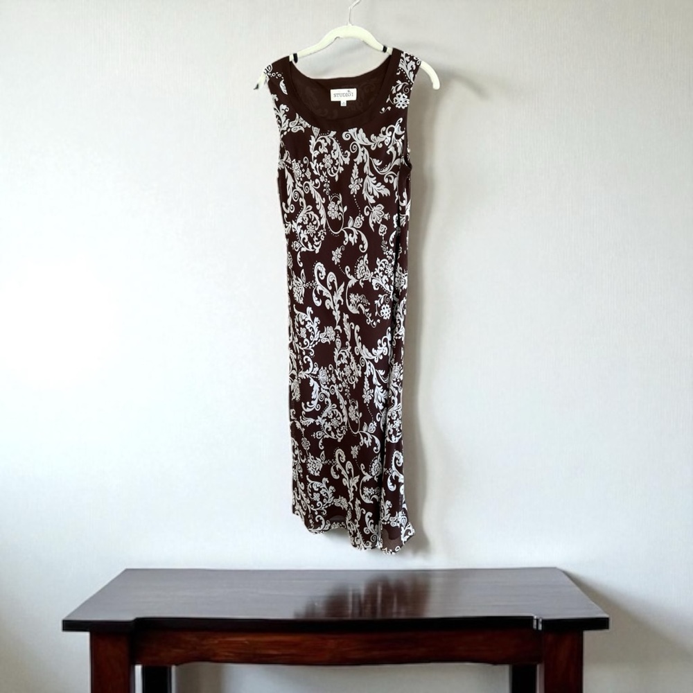 Studio I Elegant Brown and White Midi Dress
